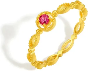 24K Solid Gold Rings Round Pink Tourmaline Ring Natural Gemstone Vintage Romantic Hollow Out Design Stackable Band Dainty Jewelry for Women Her Wedding Anniversary Size 9-16 J0212468