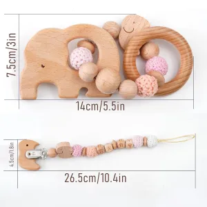 27pcs Natural Beech Wooden Teething Toy Set (2-Pack) for 0-6 Month Infants: Rattle, Ring & Montessori Car Seat Toy - Ideal Newborn Soothing Gift (Pink)