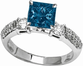 2.05 Carat t.w 14K White Gold Three Row Bostonian 3 Stone Pave Set Diamond Engagement Ring w/a 1.5 Carat Princess Cut Blue Diamond Heirloom Quality