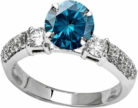 2.05 Carat t.w 14K White Gold Three Row Bostonian 3 Stone Pave Set Diamond Engagement Ring w/a 1.5 Carat Round Cut Blue Diamond Heirloom Quality