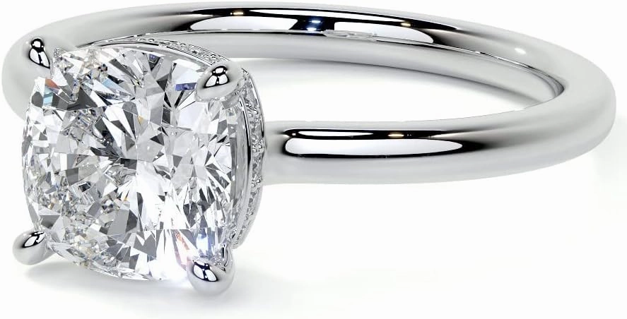 2.5Carat - 8.0mm Cushion 4-Prong Hidden Halo Moissanite Engagement Ring With Natural diamond In14k Gold For Women,D-VVS1