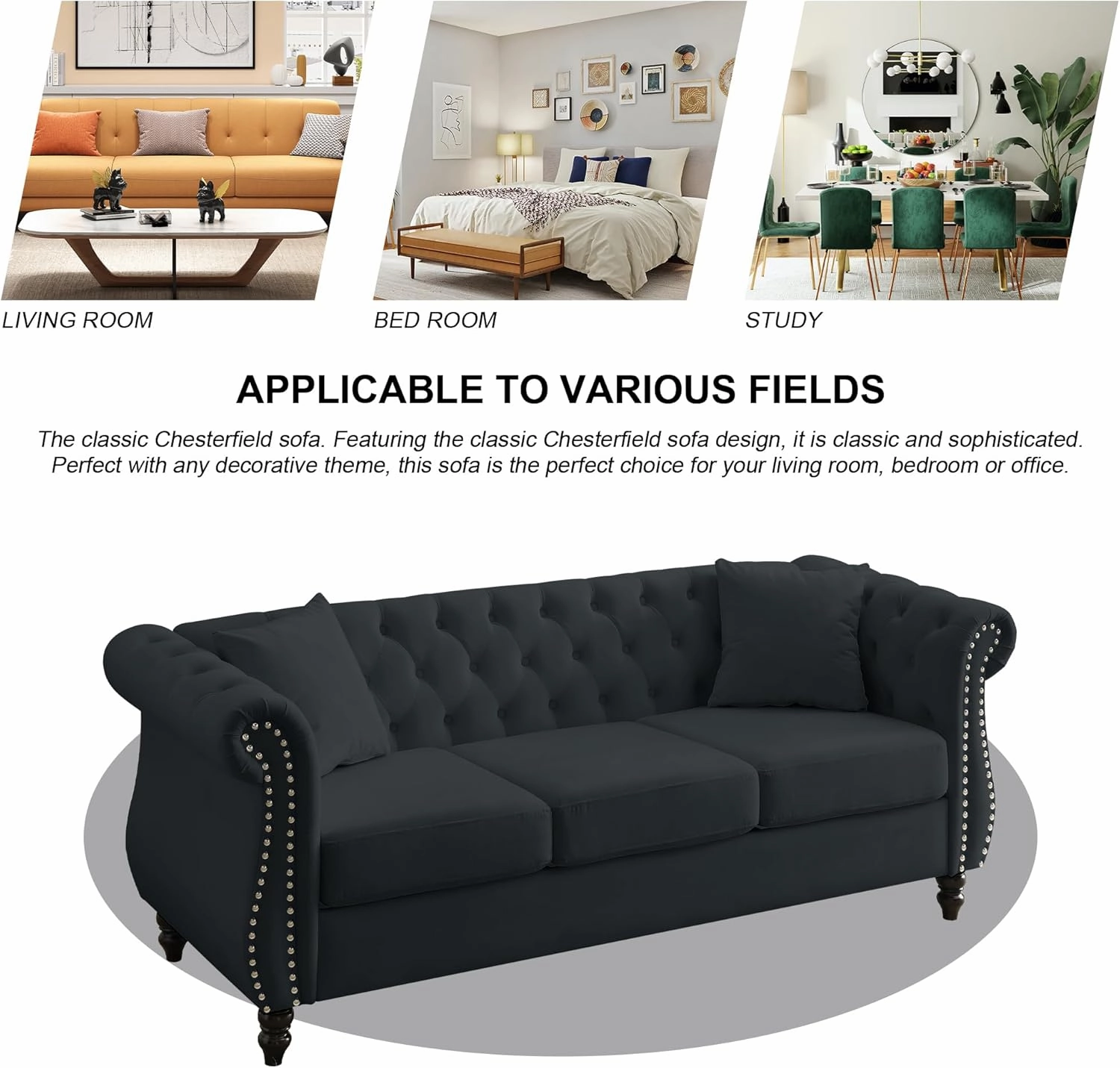 2 Piece Black Chesterfield Velvet 80" 3-Seater and 59" Loveseat Sofa Set,Button Tufted Nailhead Trimming Curved Backrest Rolled Arm with 4 Pillows for Living Room, Bedroom
