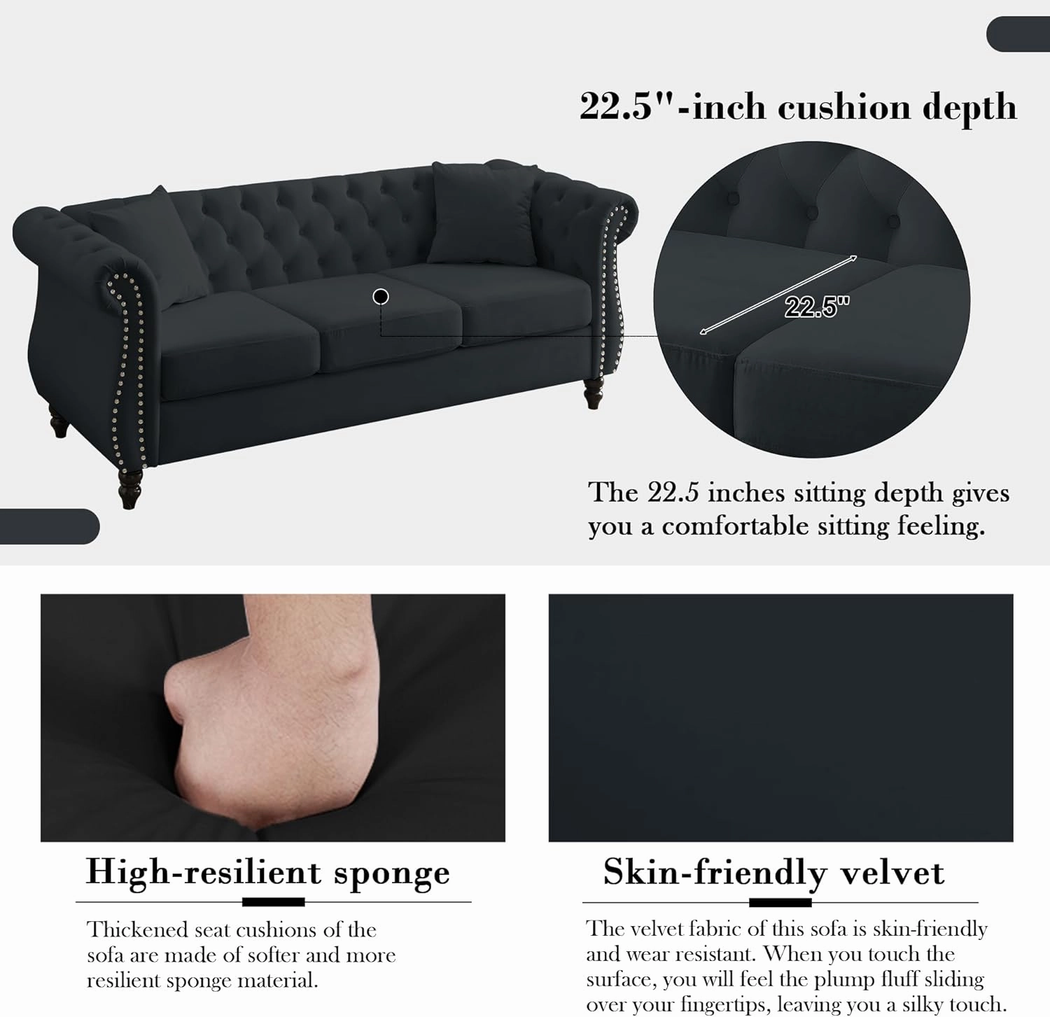 2 Piece Black Chesterfield Velvet 80" 3-Seater and 59" Loveseat Sofa Set,Button Tufted Nailhead Trimming Curved Backrest Rolled Arm with 4 Pillows for Living Room, Bedroom