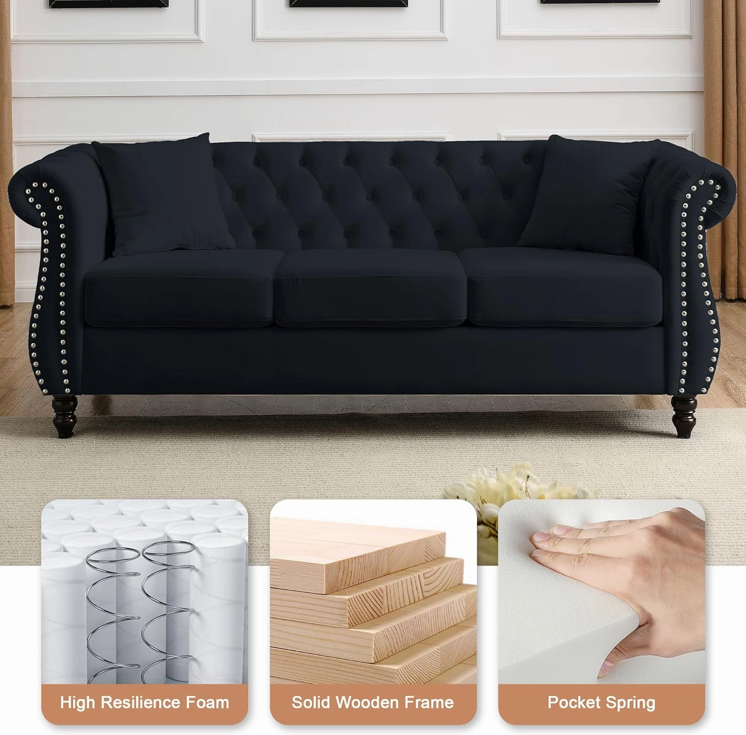 2 Piece Black Chesterfield Velvet 80" 3-Seater and 59" Loveseat Sofa Set,Button Tufted Nailhead Trimming Curved Backrest Rolled Arm with 4 Pillows for Living Room, Bedroom