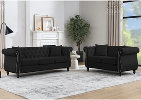 2 Piece Black Chesterfield Velvet 80" 3-Seater and 59" Loveseat Sofa Set,Button Tufted Nailhead Trimming Curved Backrest Rolled Arm with 4 Pillows for Living Room, Bedroom