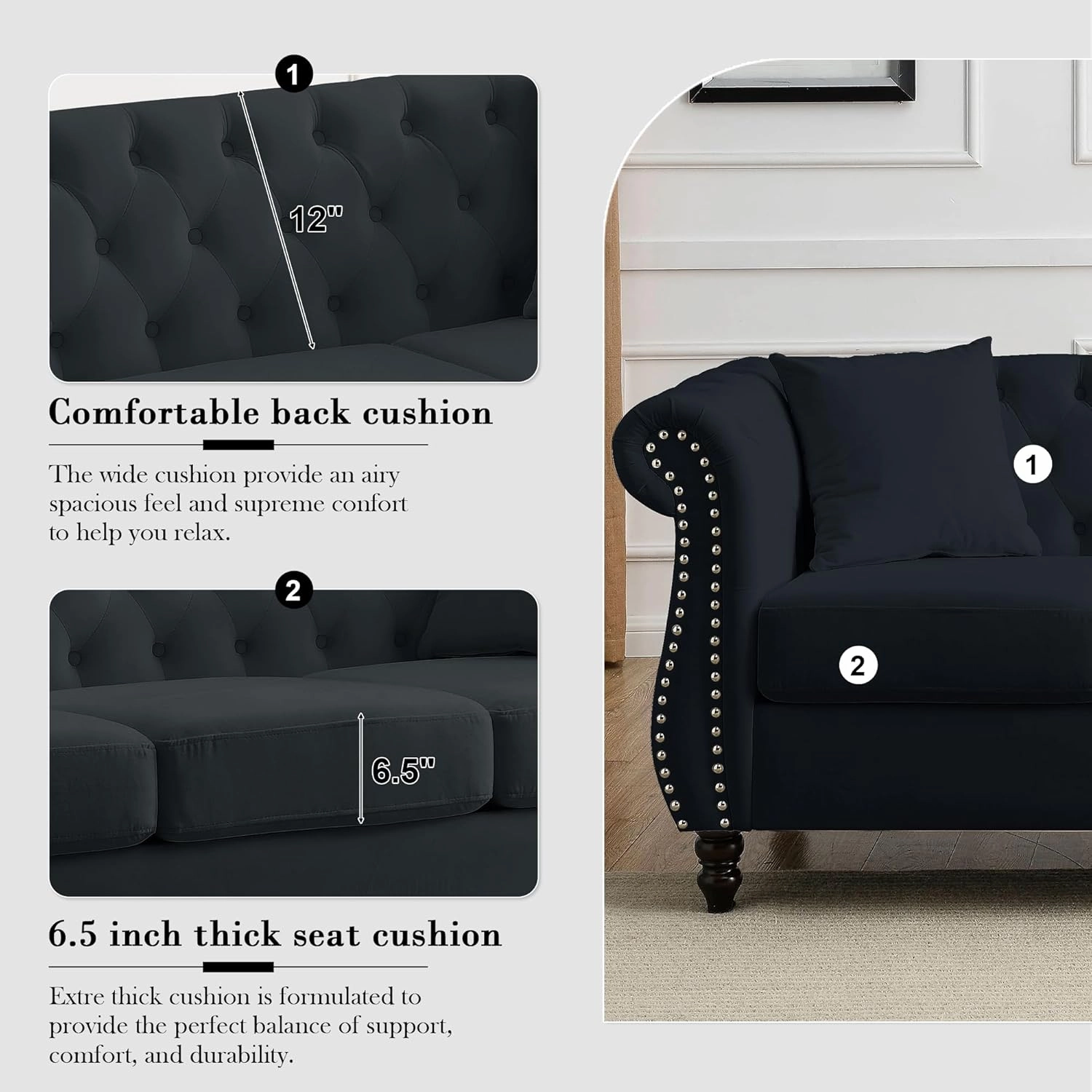 2 Piece Black Chesterfield Velvet 80" 3-Seater and 59" Loveseat Sofa Set,Button Tufted Nailhead Trimming Curved Backrest Rolled Arm with 4 Pillows for Living Room, Bedroom