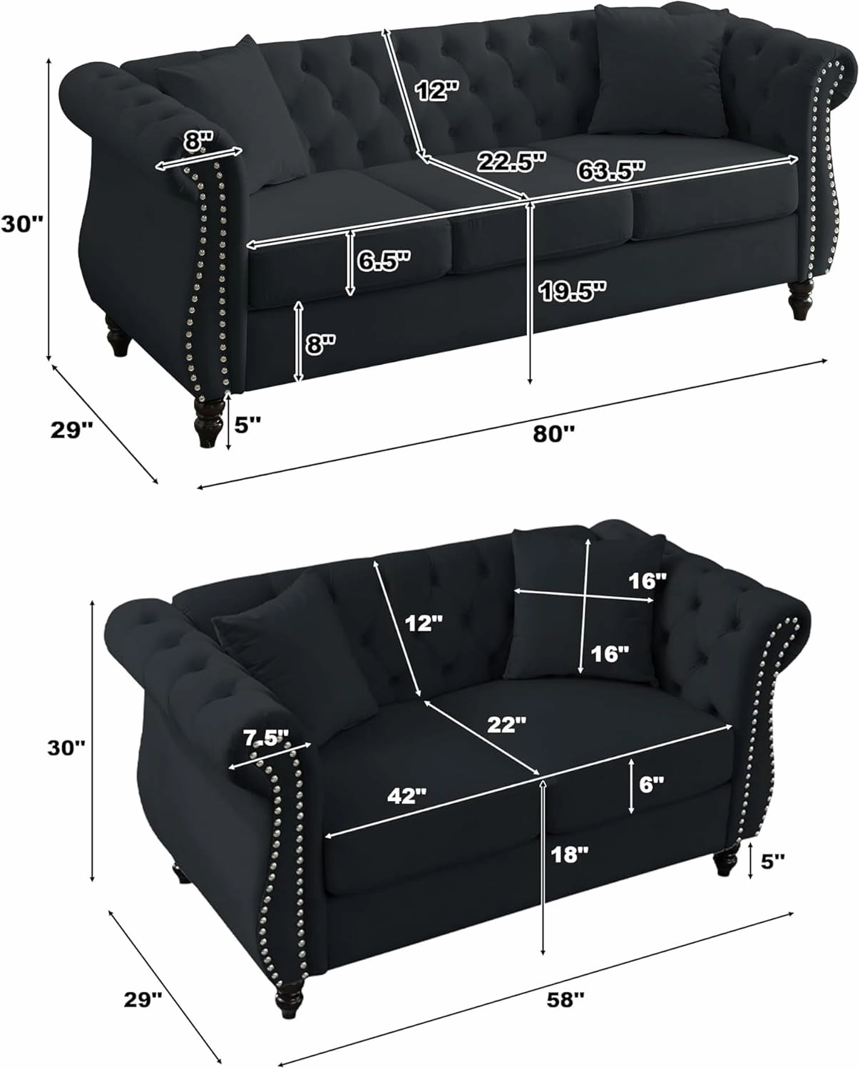 2 Piece Black Chesterfield Velvet 80" 3-Seater and 59" Loveseat Sofa Set,Button Tufted Nailhead Trimming Curved Backrest Rolled Arm with 4 Pillows for Living Room, Bedroom