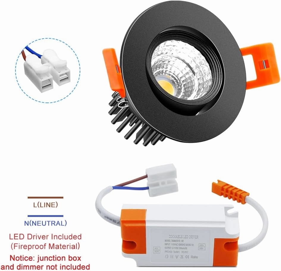2Inch LED Recessed Ceiling Light, 3W Dimmable LED Downlight, 60 Beam Angle COB Recessed Lights with Driver, Daylight White 5500K, 25W Halogen Bulbs Equivalent for Ceiling Lighting, 10Pack