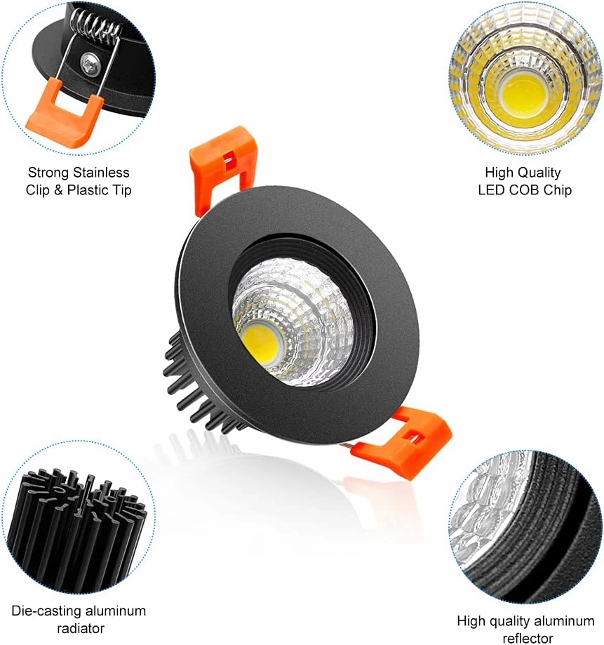 2Inch LED Recessed Ceiling Light, 3W Dimmable LED Downlight, 60 Beam Angle COB Recessed Lights with Driver, Daylight White 5500K, 25W Halogen Bulbs Equivalent for Ceiling Lighting, 10Pack