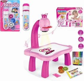2pcs/Set Drawing Projector for Kids with Flashlight Slide Projector, Tracing Table with Light Music Sketcher Desk for Early Art Learning Games Gifts (Pink)