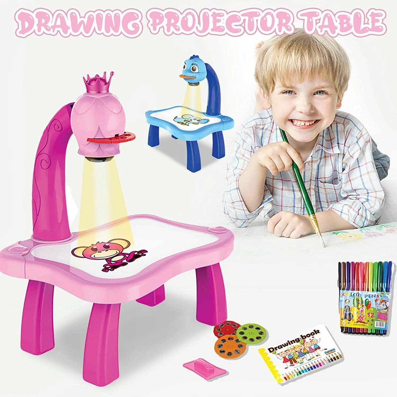 2pcs/Set Drawing Projector for Kids with Flashlight Slide Projector, Tracing Table with Light Music Sketcher Desk for Early Art Learning Games Gifts (Pink)