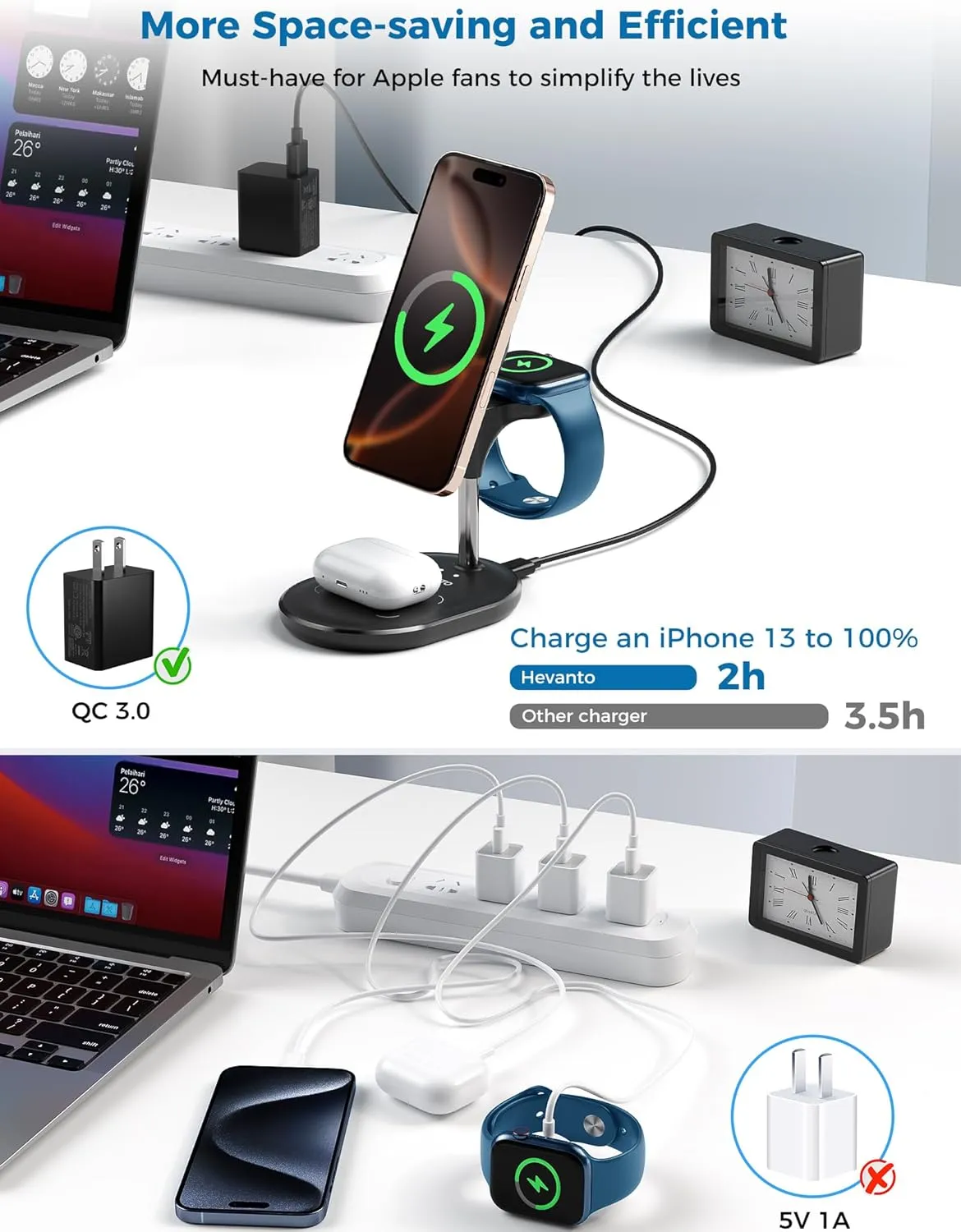 3 in 1 Wireless Charging Station for Apple MagSafe Charger, 15W Fast Qi-Certified Magnetic Mag-Safe Charger Stand for iPhone 16 15 14 13 12 Apple Watch AirPods, Adjustable Angle,Gifts for Men