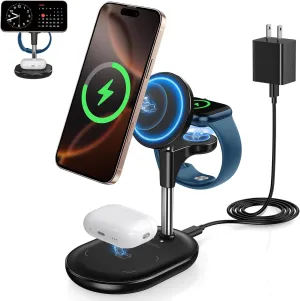 3 in 1 Wireless Charging Station for Apple MagSafe Charger, 15W Fast Qi-Certified Magnetic Mag-Safe Charger Stand for iPhone 16 15 14 13 12 Apple Watch AirPods, Adjustable Angle,Gifts for Men