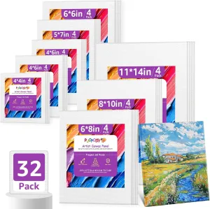32-Pack Canvas Boards for Painting – 4 Each of 11x14, 8x10, 5x7, 6x8, 6x6, 4x4, and 8 of 4x6 – 100% Cotton Primed Art Supplies for Kids & Adults – Ideal for Acrylic & Oil