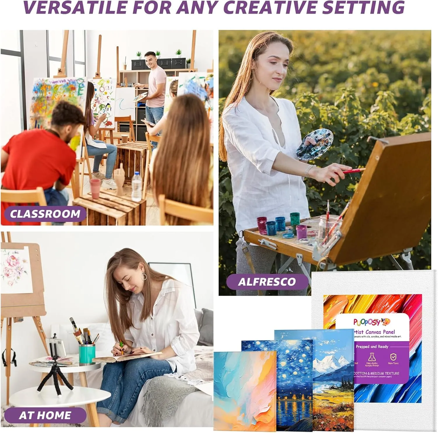 32-Pack Canvas Boards for Painting – 4 Each of 11x14, 8x10, 5x7, 6x8, 6x6, 4x4, and 8 of 4x6 – 100% Cotton Primed Art Supplies for Kids & Adults – Ideal for Acrylic & Oil