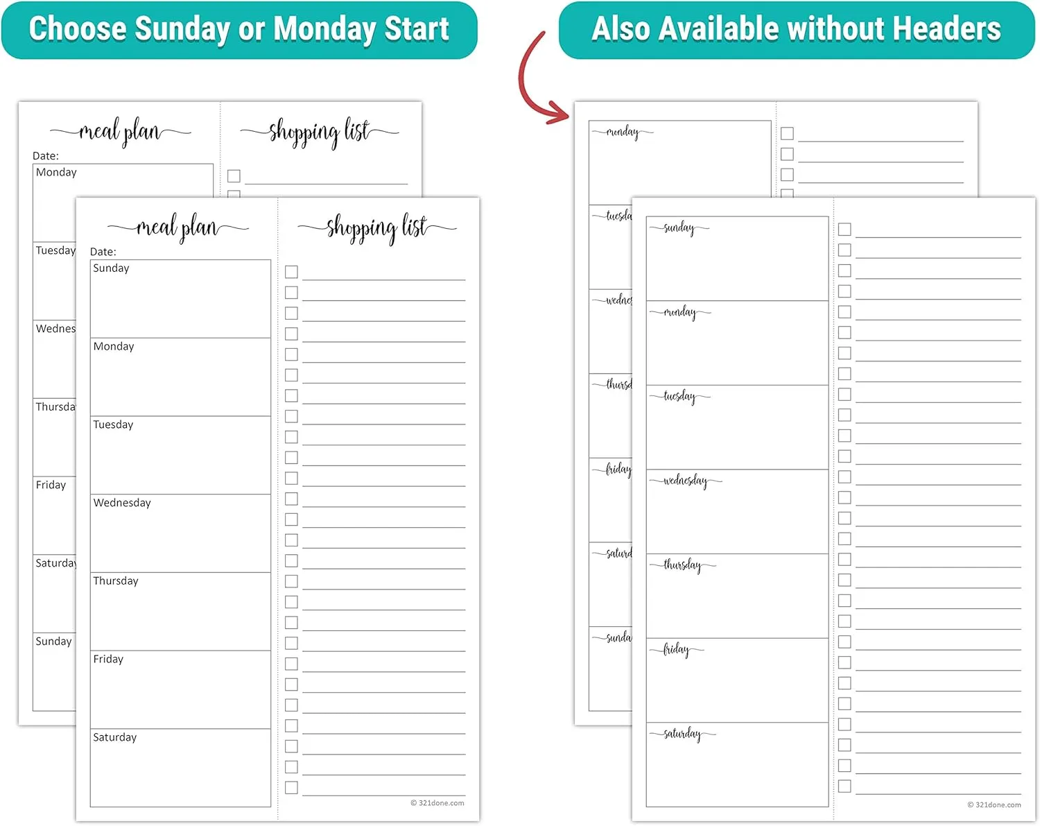 321Done Magnetic Meal Planning Notepad - Made in USA - Fridge Weekly Menu Planner Tear-Off Simple Shopping List Meals Groceries Grocery List, Magnet Memo Pad Refrigerator - Perforated Monday Start