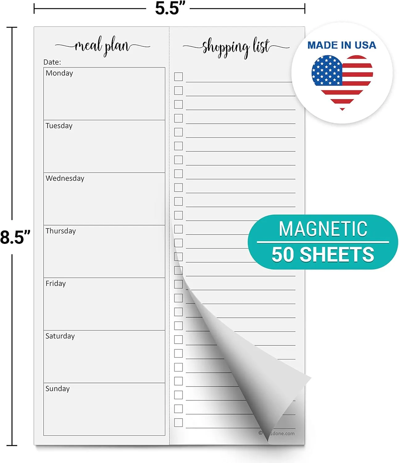 321Done Magnetic Meal Planning Notepad - Made in USA - Fridge Weekly Menu Planner Tear-Off Simple Shopping List Meals Groceries Grocery List, Magnet Memo Pad Refrigerator - Perforated Monday Start