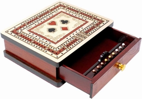 3 Track - 60 Points Non-Continuous Travel Cribbage Board Inlaid in Maple Wood/Bloodwood - Size:6" x 5" - Storage Drawer for Cribbage Pegs & Playing Cards
