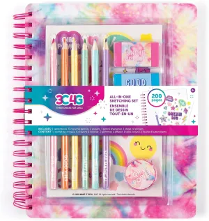 3C4G Tie Dye Pastel All-in-1 Sketchbook Set - Sketch Book for Kids with Pencils, Stickers & More - Drawing Kit for Kids - Unlined Diary for Girls - Kids Sketch Pad by Make It Real