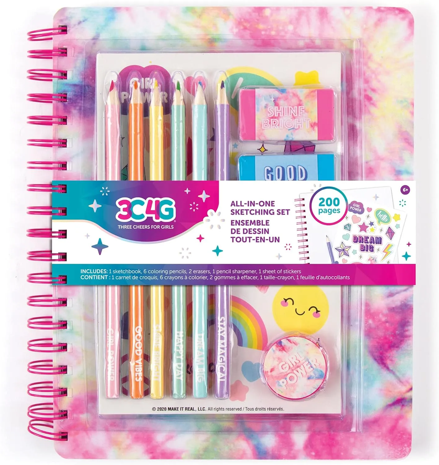 3C4G Tie Dye Pastel All-in-1 Sketchbook Set - Sketch Book for Kids with Pencils, Stickers & More - Drawing Kit for Kids - Unlined Diary for Girls - Kids Sketch Pad by Make It Real