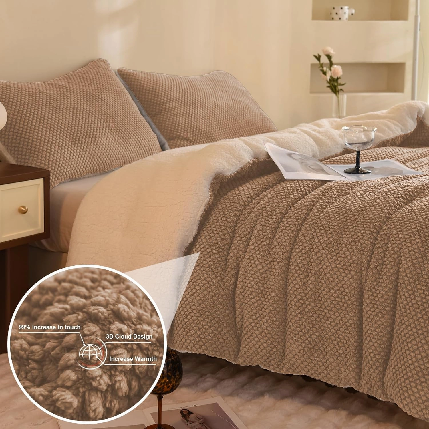 3D Jacquard Design Comforter Set, Luxury Cozy Sherpa Fur Plush 3-Pieces Ultra-Soft Warm Sets Bedding with 2 Pillowcases (Queen Size 90"x90", Beige)