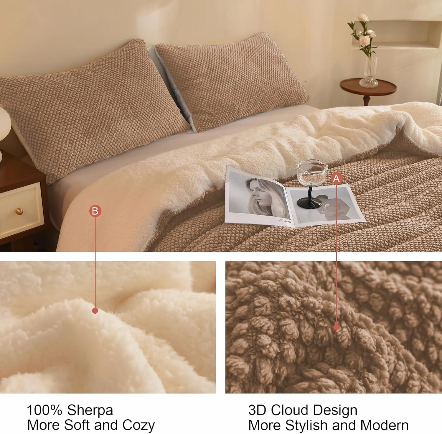 3D Jacquard Design Comforter Set, Luxury Cozy Sherpa Fur Plush 3-Pieces Ultra-Soft Warm Sets Bedding with 2 Pillowcases (Queen Size 90"x90", Beige)