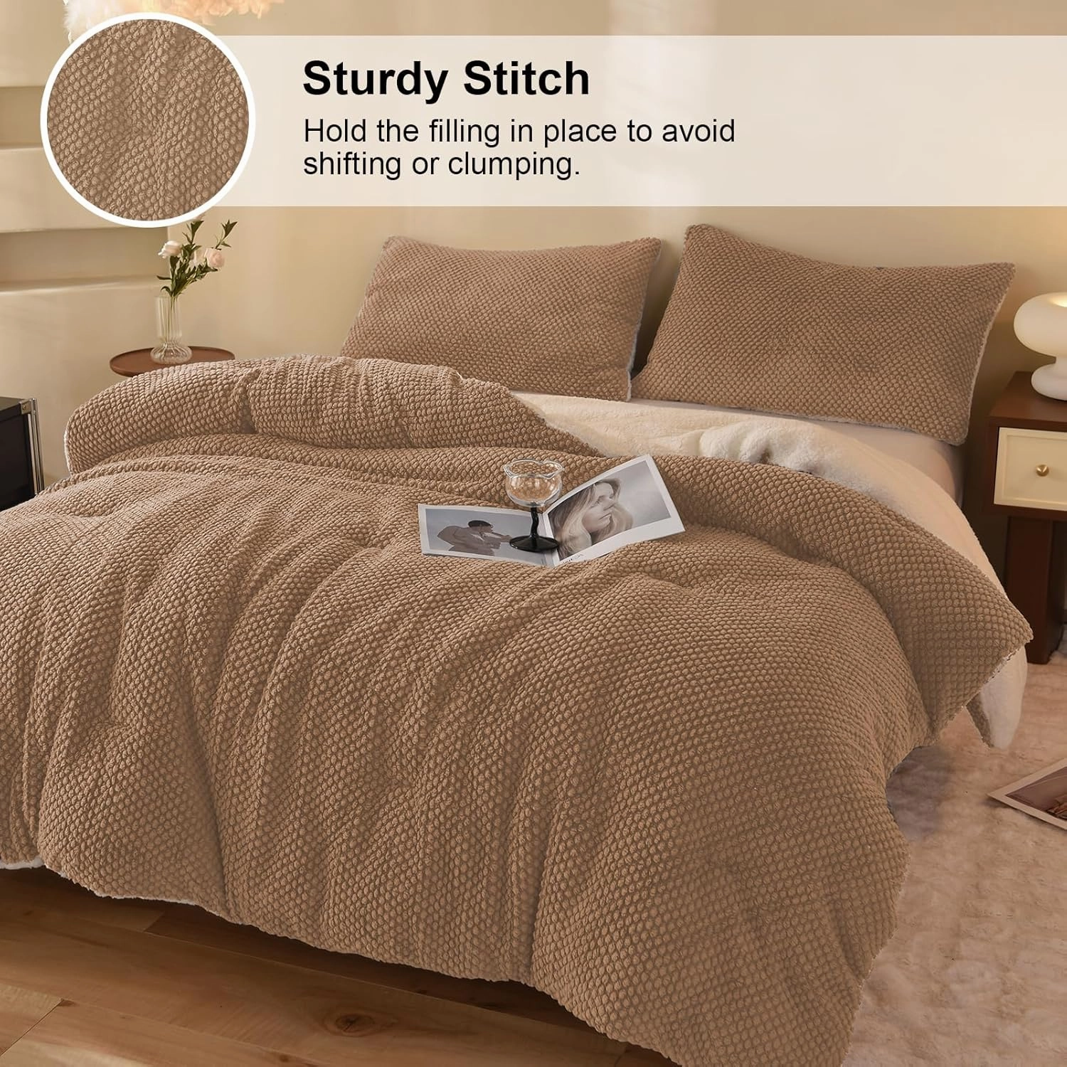 3D Jacquard Design Comforter Set, Luxury Cozy Sherpa Fur Plush 3-Pieces Ultra-Soft Warm Sets Bedding with 2 Pillowcases (Queen Size 90"x90", Beige)