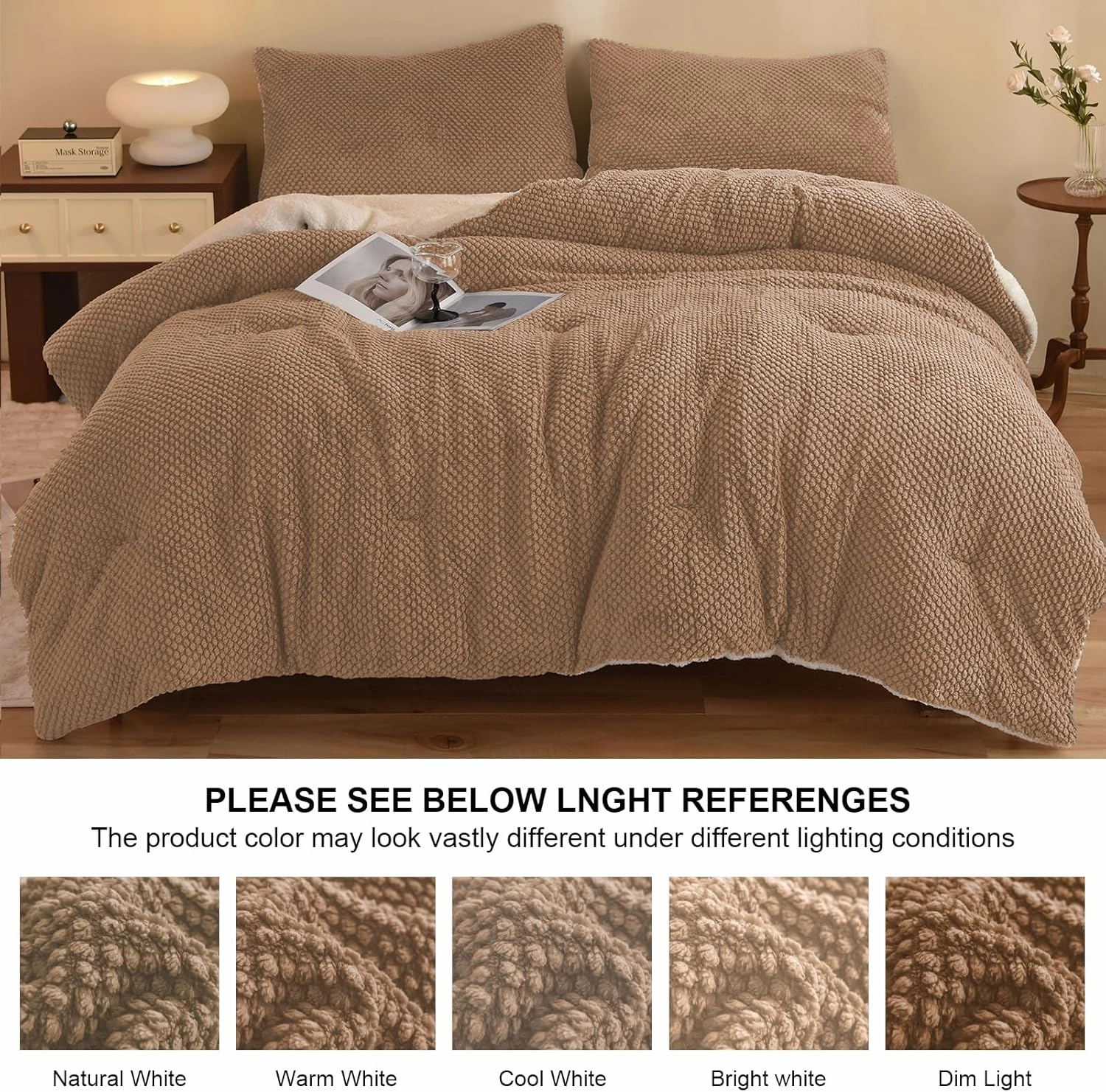 3D Jacquard Design Comforter Set, Luxury Cozy Sherpa Fur Plush 3-Pieces Ultra-Soft Warm Sets Bedding with 2 Pillowcases (Queen Size 90"x90", Beige)