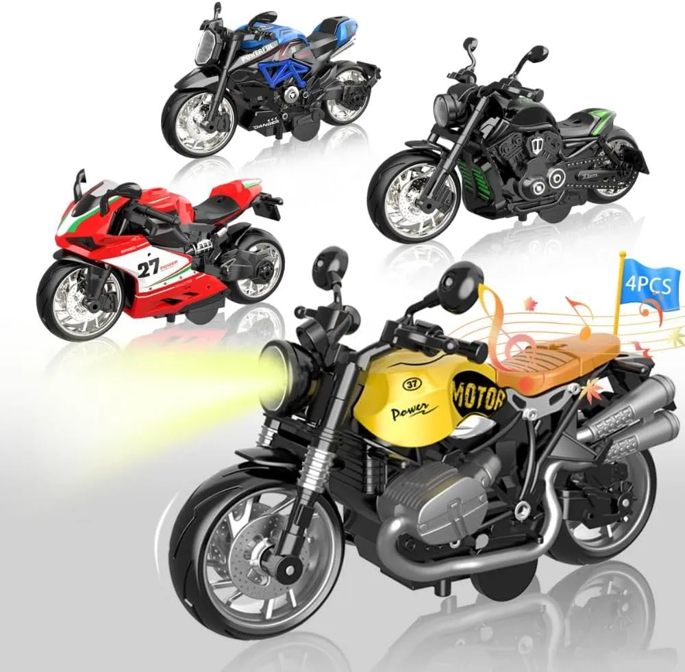 4 Light Up Sound Motorcycle Toys - Pull-Back Alloy Vehicles, Interactive Play for Kids Ages 3 ​
