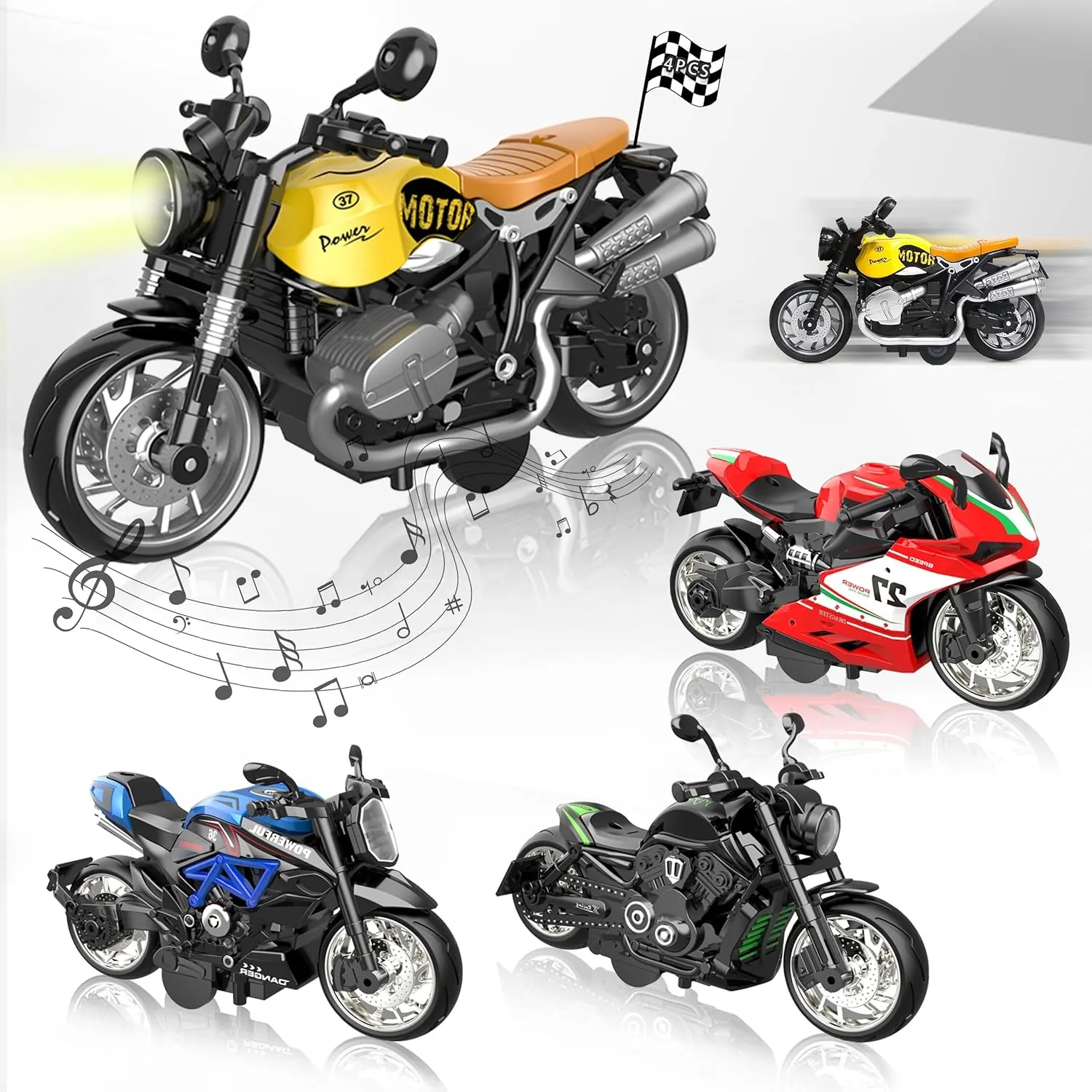 4 Light Up Sound Motorcycle Toys - Pull-Back Alloy Vehicles, Interactive Play for Kids Ages 3 ​