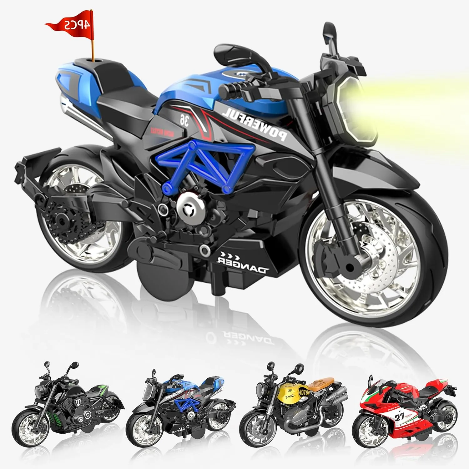 4 Light Up Sound Motorcycle Toys - Pull-Back Alloy Vehicles, Interactive Play for Kids Ages 3 ​