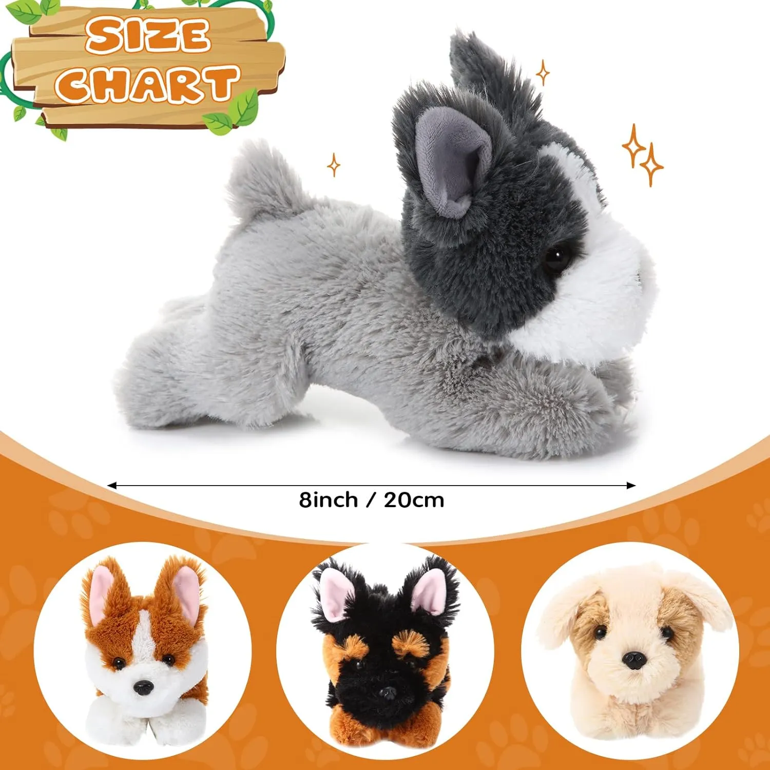 4 Pack 8 Inch Dog Plush Stuffed Animal Soft Fluffy Puppy Pillow Set Theme Party Favor Contains Corgi Schnauzer Golden Retriever German Shepherd Toy Gift (Classic Style)
