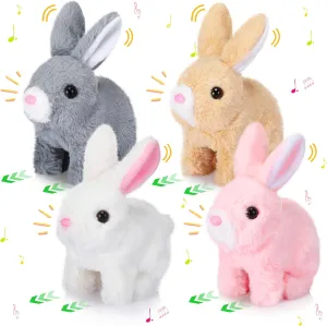 4 Pcs Easter Interactive Bunny Toys for Kids 7" Realistic Hopping Rabbit Plush Stuffed Electronic Walking Barking and Wagging Tail Bunny Toys for Birthday Easter Gift(Long Hair Rabbit)