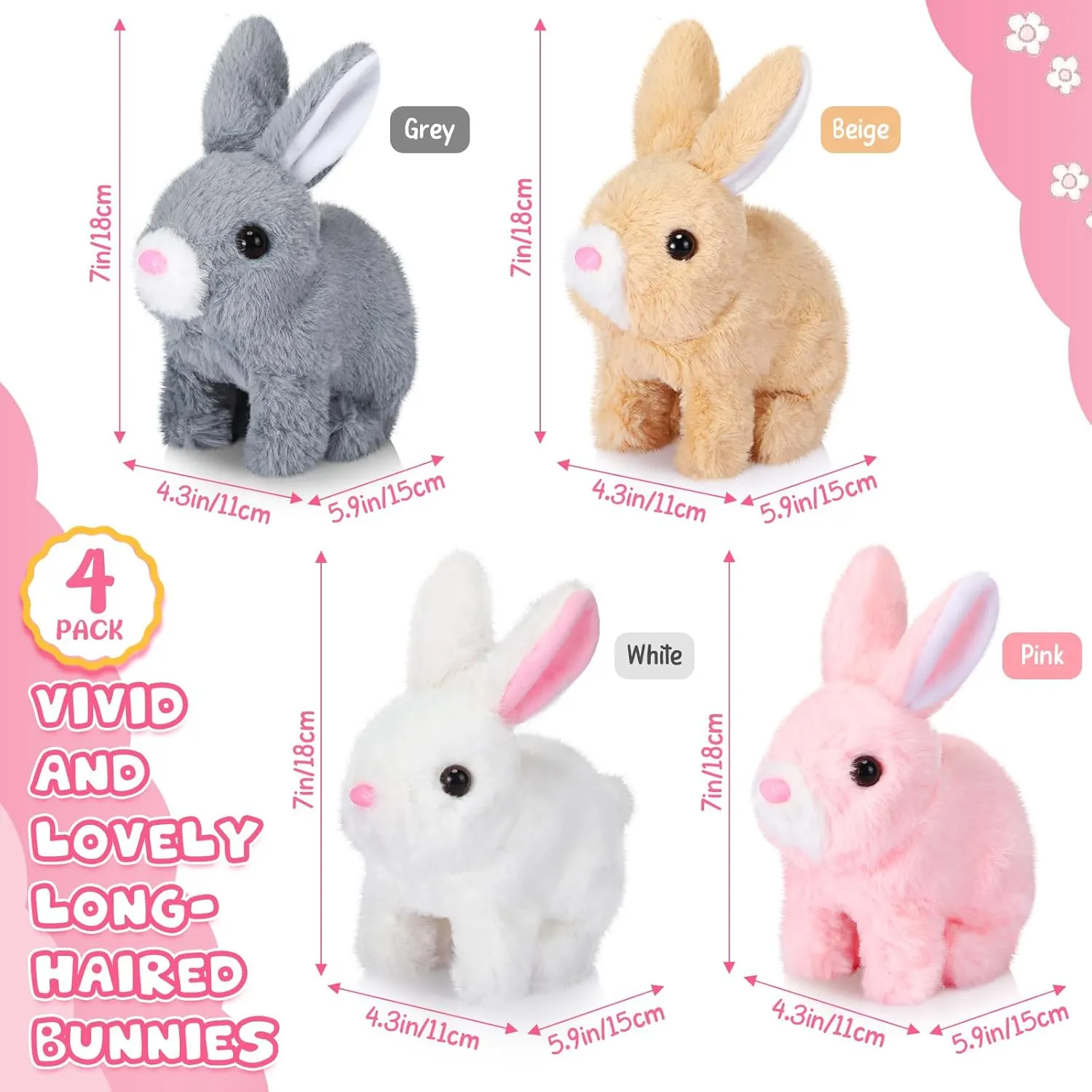 4 Pcs Easter Interactive Bunny Toys for Kids 7" Realistic Hopping Rabbit Plush Stuffed Electronic Walking Barking and Wagging Tail Bunny Toys for Birthday Easter Gift(Long Hair Rabbit)
