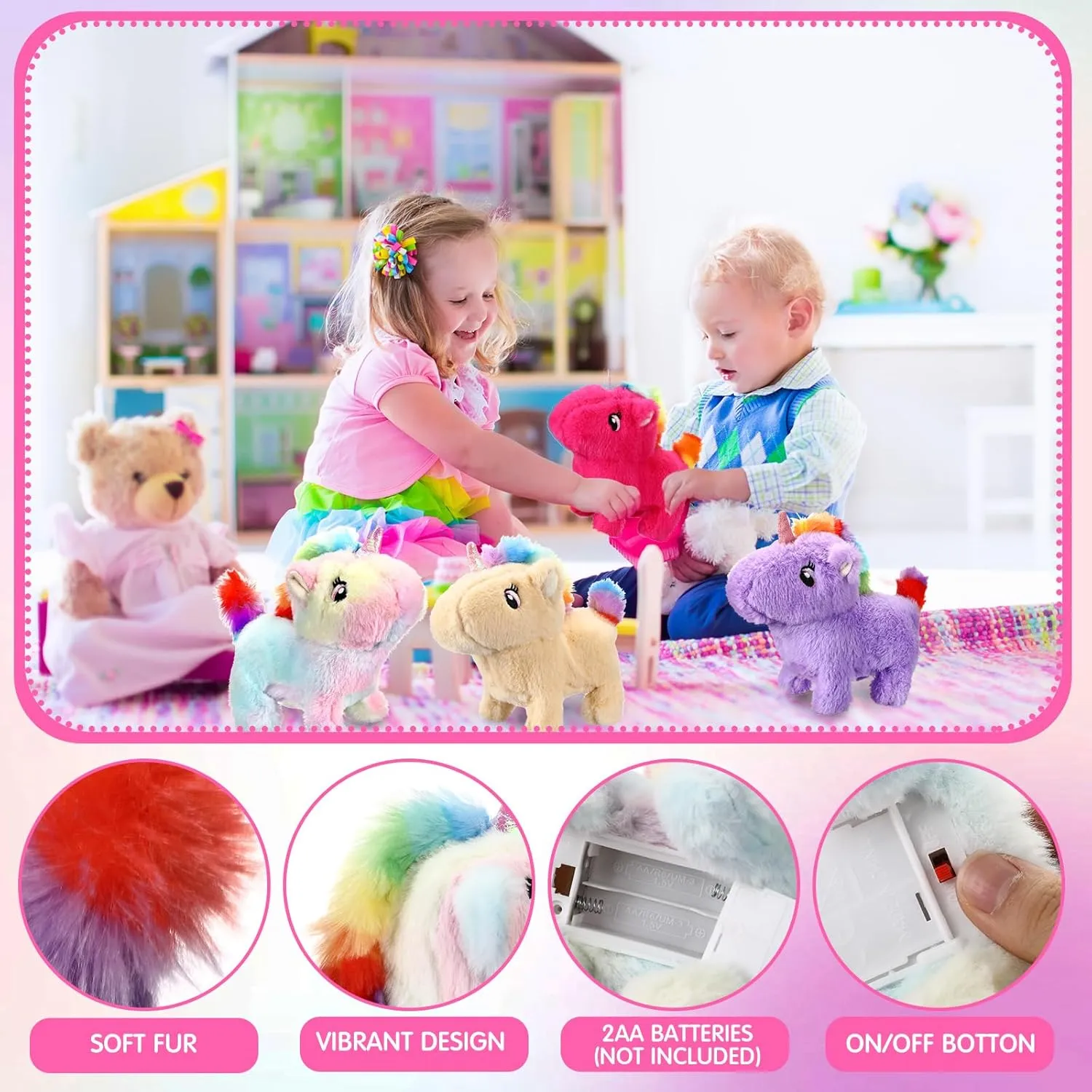 4 Pcs Unicorn Stuffed Animal Interactive Electronic Plush Animals Walking Barking and Wagging Tail for Classroom Kids Birthday Gifts 7"