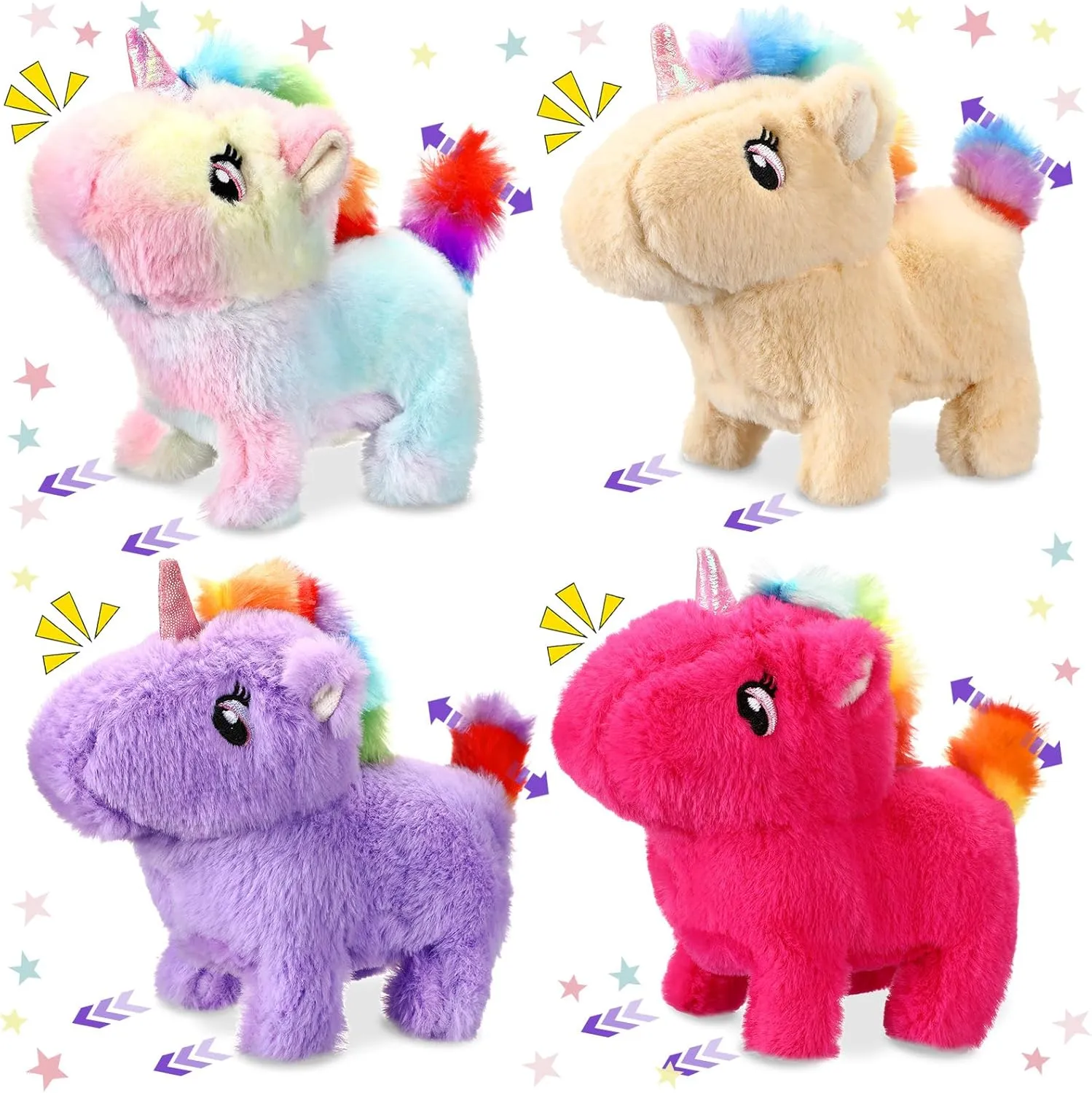 4 Pcs Unicorn Stuffed Animal Interactive Electronic Plush Animals Walking Barking and Wagging Tail for Classroom Kids Birthday Gifts 7"