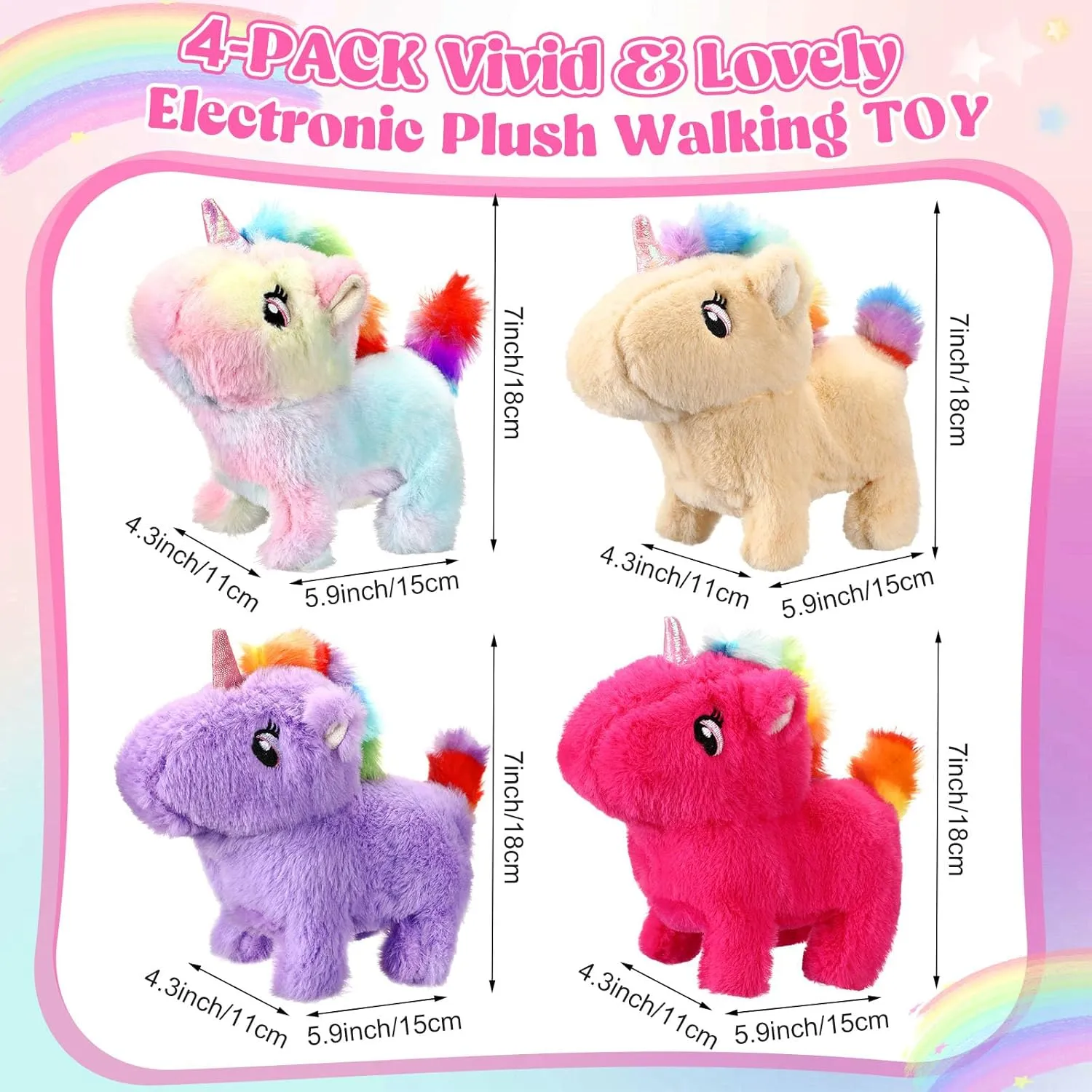 4 Pcs Unicorn Stuffed Animal Interactive Electronic Plush Animals Walking Barking and Wagging Tail for Classroom Kids Birthday Gifts 7"