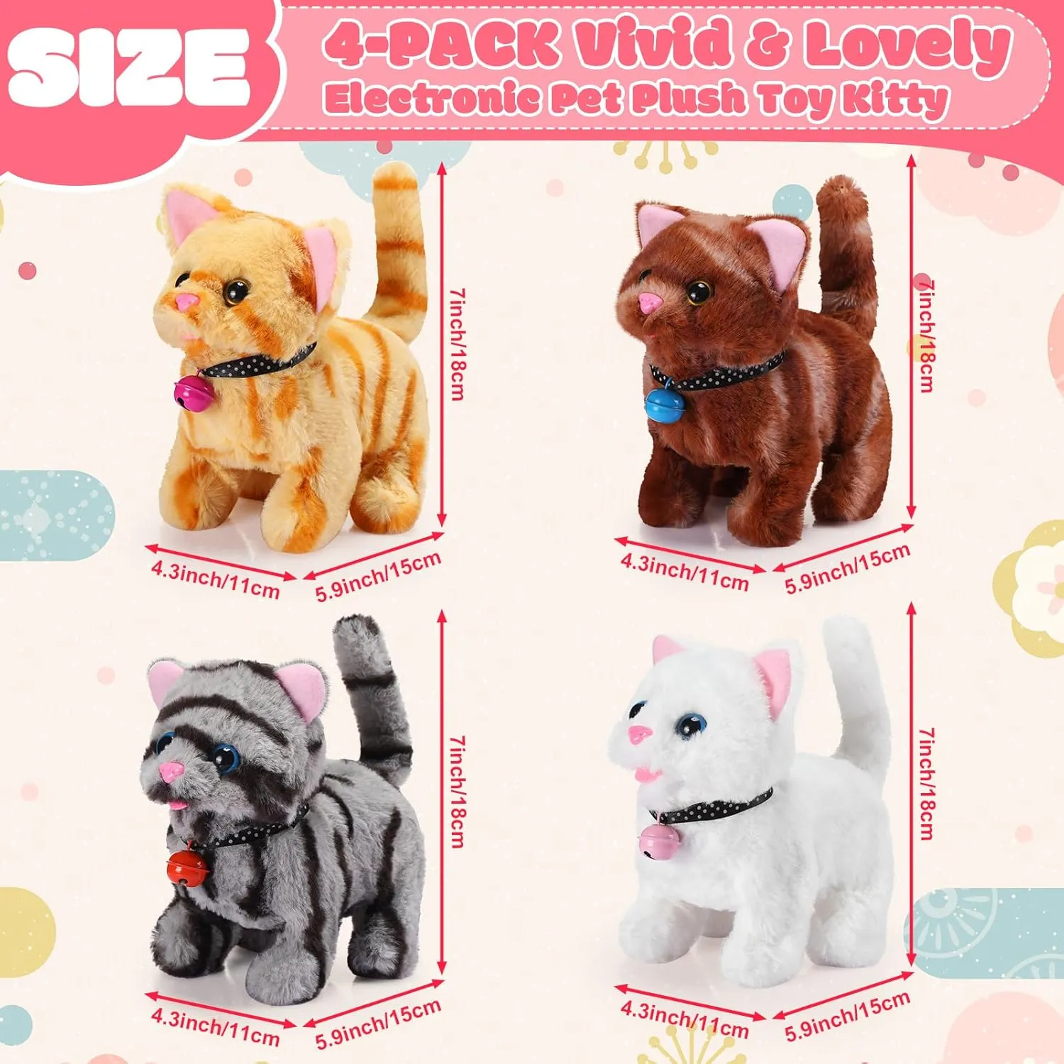 4 Pcs Walking Cat Bulk Walking Wagging Tail Meowing Animated Plush Robot Kitten Moving Plush Stuffed Animal Cute Kawai Robotic Kitty Electronic Kitten Toy for Kid