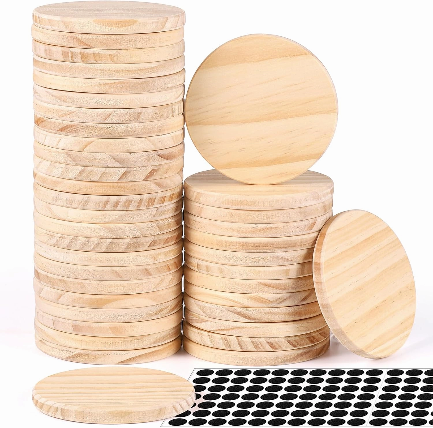 42 Pieces Unfinished Wood Coasters, 4 Inch Round Blank Wooden Coasters for Crafts with Non-Slip Silicon Dots for DIY Stained Painting Wood Engraving Home Decoration