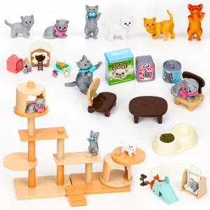 43Pcs Cat Toys for Kids Pretend Play Cat Figures Playset Toddler Toy Interactive Kitten Role Play Set Realistic Cats Care Center for Girls Boys Age 3 4 5 6  Birthday Gift