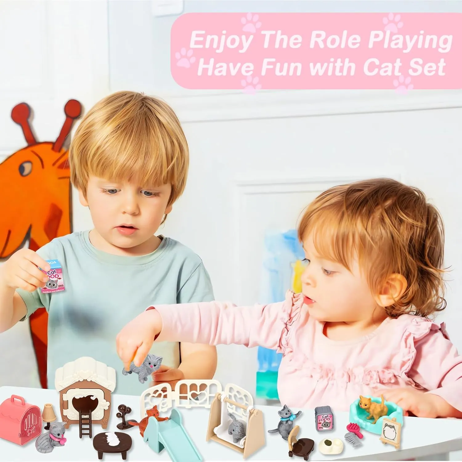 43Pcs Cat Toys for Kids Pretend Play Cat Figures Playset Toddler Toy Interactive Kitten Role Play Set Realistic Cats Care Center for Girls Boys Age 3 4 5 6  Birthday Gift