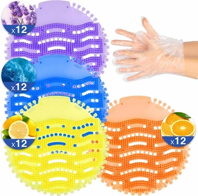 48 PACK Urinal Screen Deodorizer with 100 Gloves-3D Wave Anti-Splash Odor Protection Urinal Cakes for Men Toilets，Four Scents Urinal Mats，Long-Lasting Fragrance Lasts for 30 Days