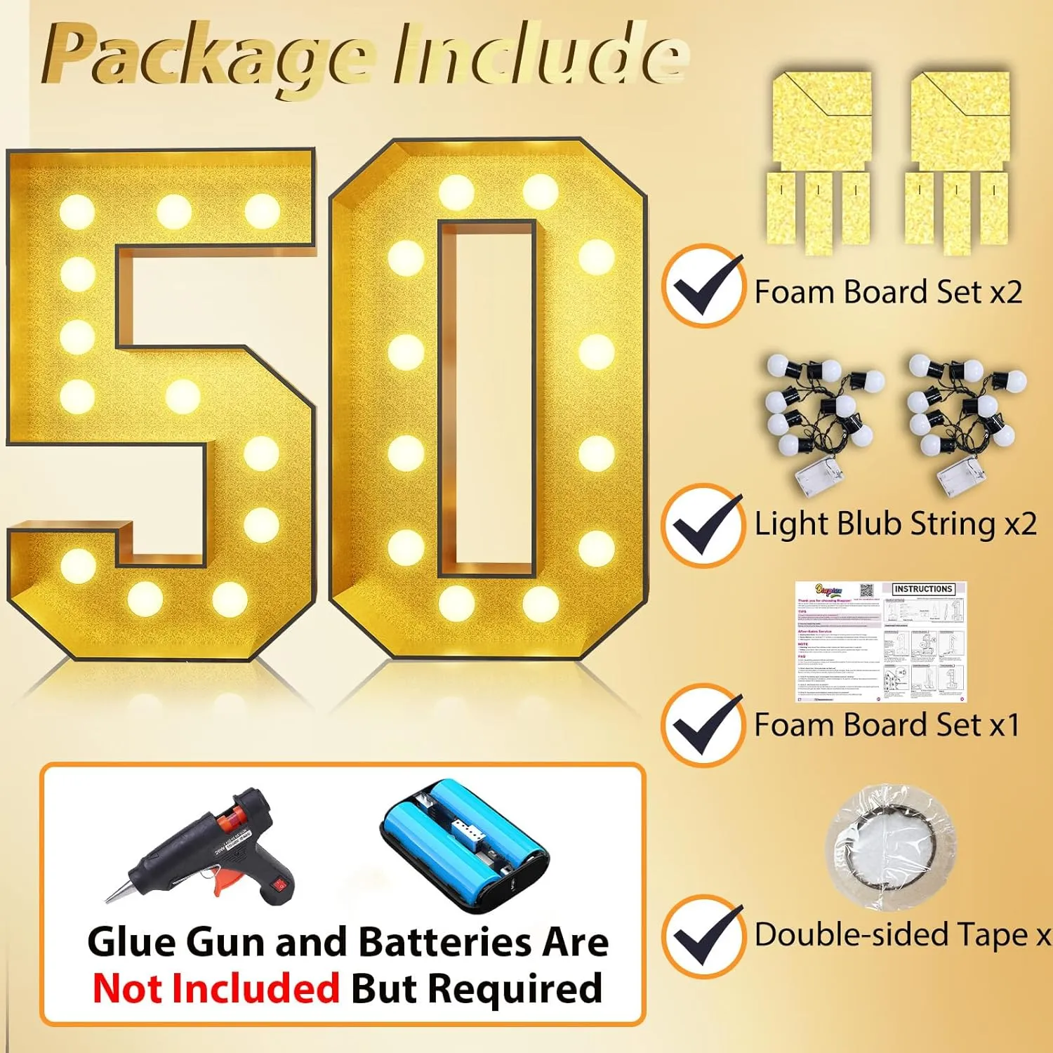 4FT Marquee 50 Numbers, Light Up Numbers 50 Mosaic Numbers Glitter Gold Black Light Up Letter Pre-Cut Foam Board Sign Marquee for 50th Birthday Party Decorations, Wedding, DIY Anniversaries