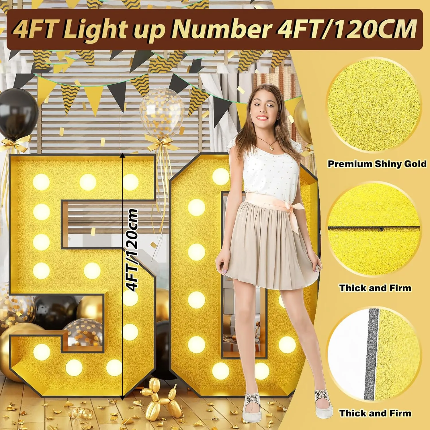 4FT Marquee 50 Numbers, Light Up Numbers 50 Mosaic Numbers Glitter Gold Black Light Up Letter Pre-Cut Foam Board Sign Marquee for 50th Birthday Party Decorations, Wedding, DIY Anniversaries