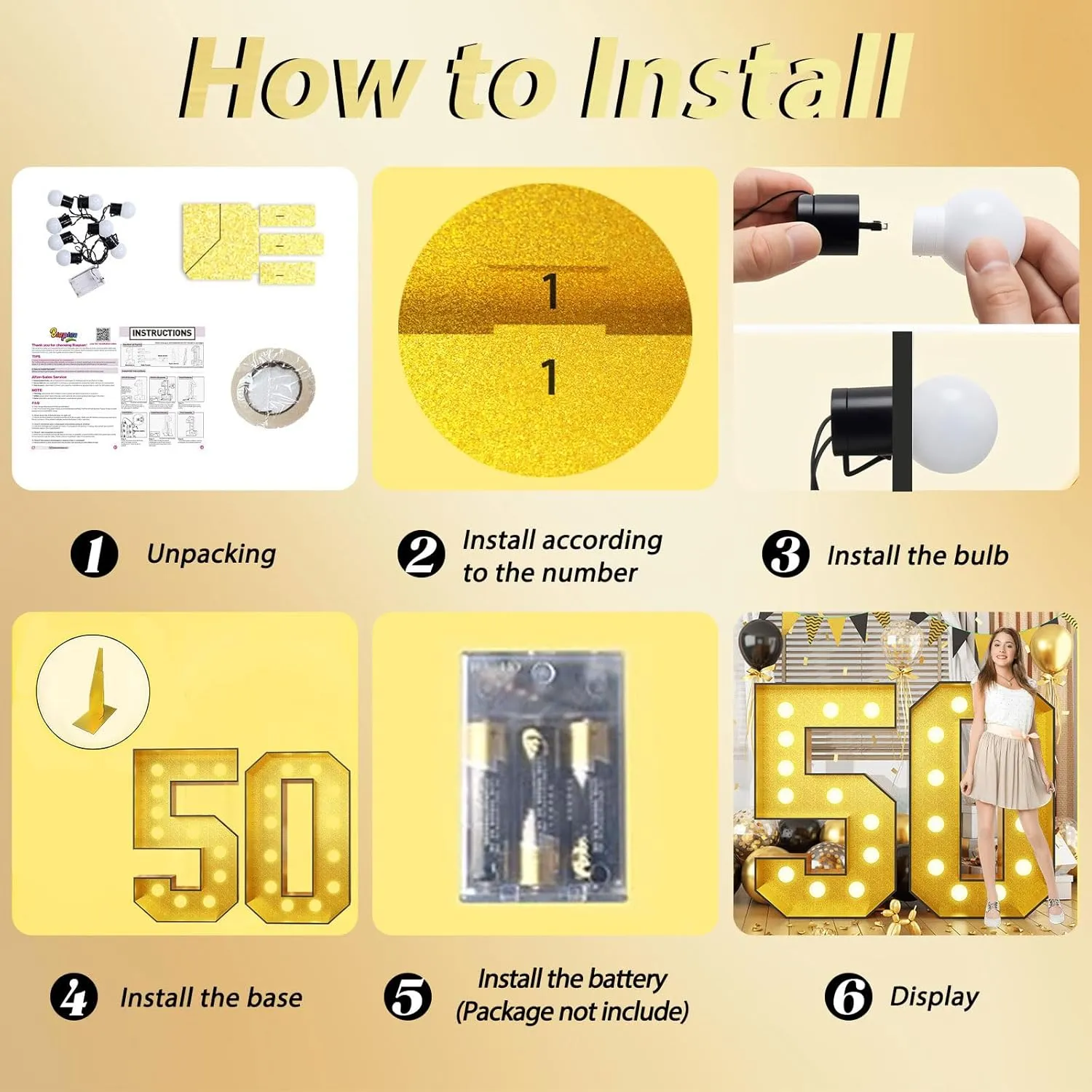 4FT Marquee 50 Numbers, Light Up Numbers 50 Mosaic Numbers Glitter Gold Black Light Up Letter Pre-Cut Foam Board Sign Marquee for 50th Birthday Party Decorations, Wedding, DIY Anniversaries