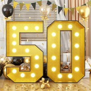4FT Marquee 50 Numbers, Light Up Numbers 50 Mosaic Numbers Glitter Gold Black Light Up Letter Pre-Cut Foam Board Sign Marquee for 50th Birthday Party Decorations, Wedding, DIY Anniversaries