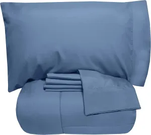 5 Piece Full Comforter Set All Season Soft Down Alternative Blanket & Luxurious Cotton Fits Mattress Up to 18" Deep Pocket Bed 4 Piece Sheet Set Denim