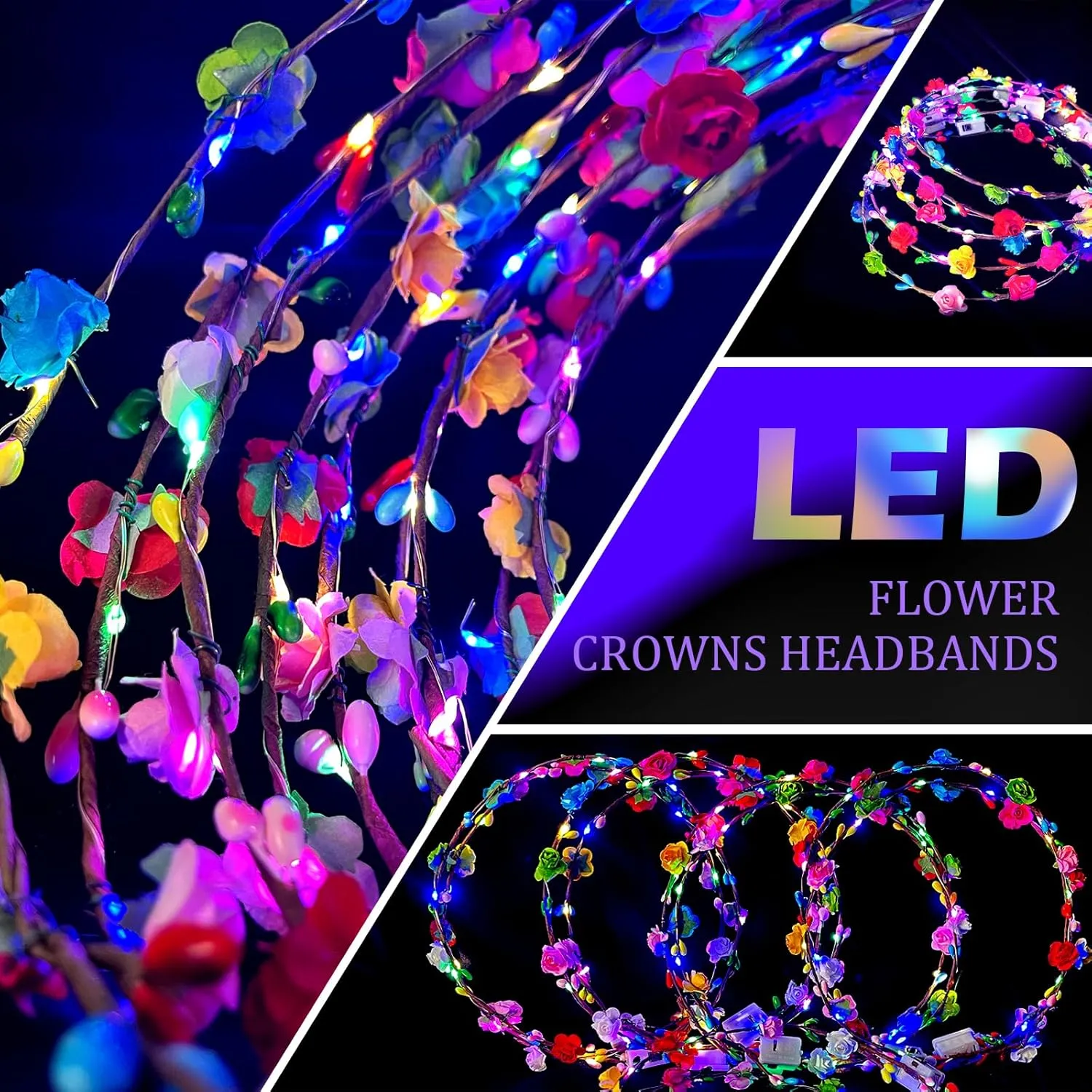 50 Pcs LED Flower Crowns Headbands,Flower Crowns For Women,Mardi Gras Light Up Headbands Tiara Flower Crown Accessories for Wedding Beach Party Birthday Cosplay Halloween Christmas Day