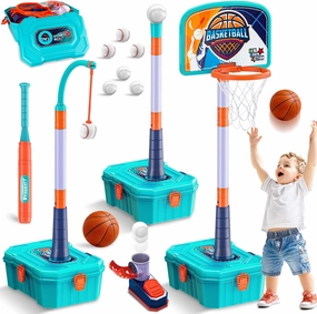 5 in 1 Toddler Basketball Hoop and T Ball Set, Height Adjustable Kids Basketball Hoop for Indoor Outdoor, Portable Mini Basketball Hoop, Birthday Christmas Sport Toys Gift for Boys Girls Age 1 2 3 4 5