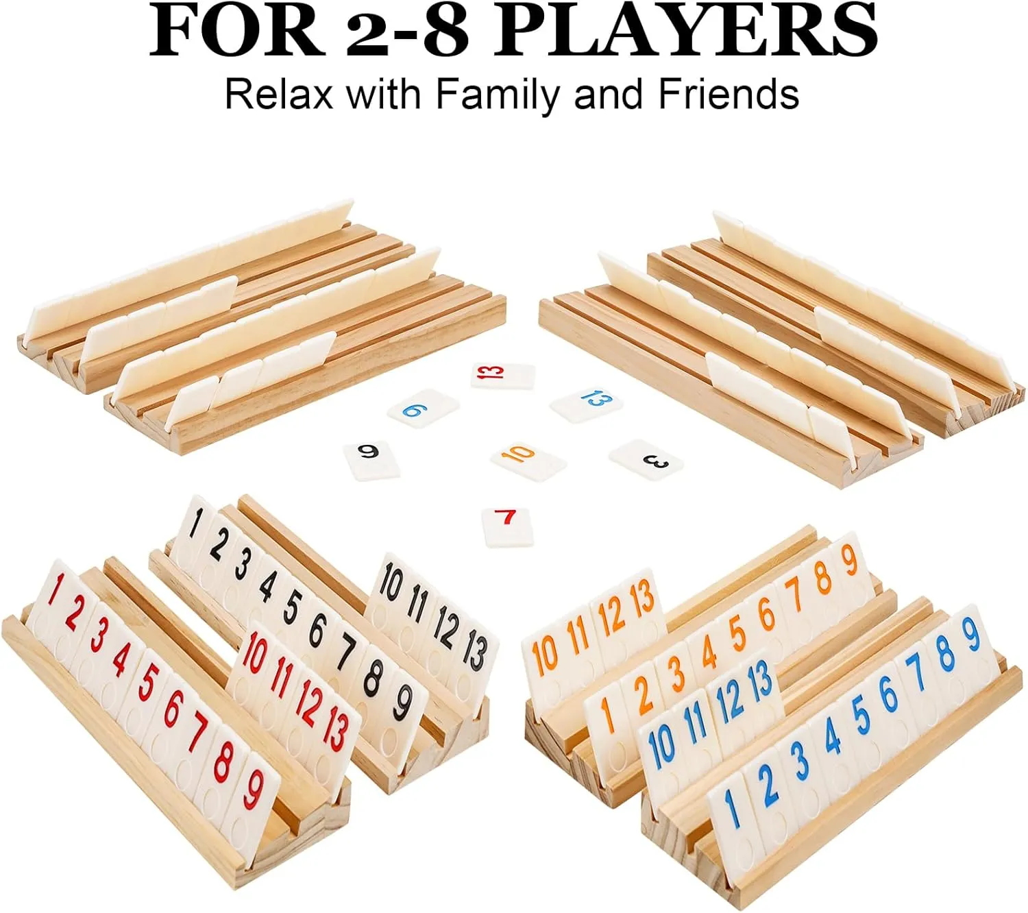 6-8 Players Rummy Game Upgraded Set with 8 Wooden Racks, 214 Tiles, Portable Case, Drawstring Bag and Dice, Board Games for Adults Friends Night Gifts Travel Party Sharpens Brain